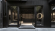 An upscale eyewear boutique with a sleek, black facade and a spotlight on exclusive collections 