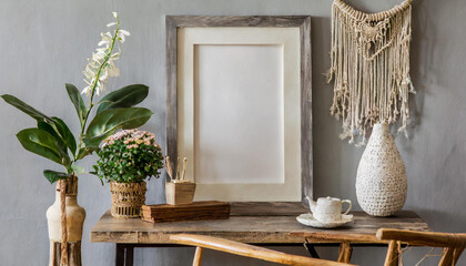 design home interior of living room with stylish chair and wooden desk, plants, flowers, table lamp,