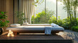 Asian-style SPA space with a bamboo garden on the background. For covers, banners and other projects about spa treatments, massage and relaxation while traveling.