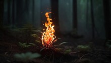 Fire On Green Plant In A Dark Forest. Creativity - Beauty Of Nature. Beginning Of Disaster Or Damage Concept. Burning Plant In A Jungle. 