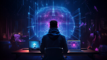 Poster - software engineer or cyber security expert sitting at desk working on his laptop in futuristic technology room, cyber security technology concept illustration