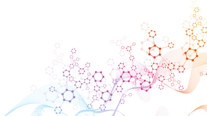Poster - Modern scientific background with hexagons, lines and dots. Wave flow abstract background. Molecular structure for medical, technology, chemistry, science. Vector illustration