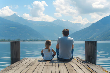 Wall Mural - Back view of father and two children sitting together on jetty, Enjoying the mountain view from a wooden pier. Family bonding concept