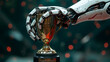 a robot hand holds up a trophy with isolated background