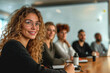 © ADDICTIVE STOCK - Smiling young woman with colleagues in a meeting. Generative AI image