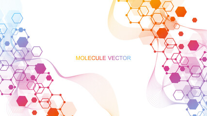 Poster - Modern scientific background with hexagons, lines and dots. Wave flow abstract background. Molecular structure for medical, technology, chemistry, science. Vector illustration