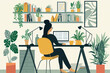 © ADDICTIVE STOCK - Generative AI illustration of a woman focused on her computer in a well decorated home office with multiple plants and shelves