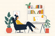 © ADDICTIVE STOCK - Generative AI illustration of depicting a relaxed woman with a laptop on her lap, lounging in an armchair with plants and bookshelves around her