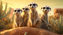 A Realistic Scene Of A Family Of Meerkats, Meerkat On Guard, Meerkat On The Lookout, Group Of Meerkat On The Lookout