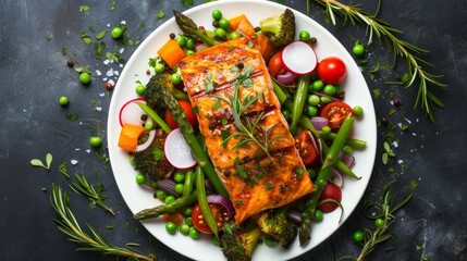 Wall Mural - Tasty roasted salmon steak with mixed veggies on white plate, a wholesome and flavorful fish dish