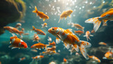 beautiful koi fishes in underwater with the sunlight penetration