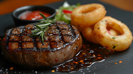 Wall Mural - beef steak with blackpepper sauce and onion rings