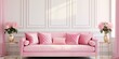 © Lasvu - Living room interior with a pink sofa, pillows, a wall poster, and golden tables. Genuine photograph.