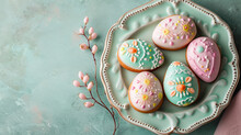Sweet Delicious Easter Cookies In The Shape Of An Egg With Glaze And A Beautiful Pattern On A Plate Decorated With Spring Flowers
