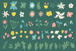 Hand drawn flowers set. Botanical nature spring elements. Modern floral and leaves shapes. Vector illustration for spring design