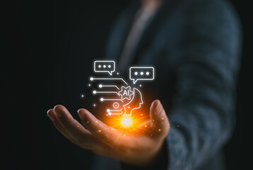 Fototapete - Chatbot Chat with AI, Artificial Intelligence. man using technology smart robot AI, artificial intelligence by enter command prompt for generates something, Futuristic technology transformation.