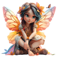 Wall Mural - A 3D animated cartoon render of a magical fairy with colorful wings. Created with generative AI.