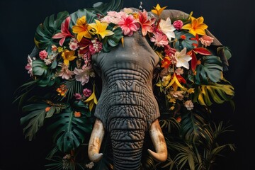 Wall Mural - Discover the beauty of the jungle with this stunning illustration of an elephant adorned with vibrant tropical flowers and plants, set against a striking black background.