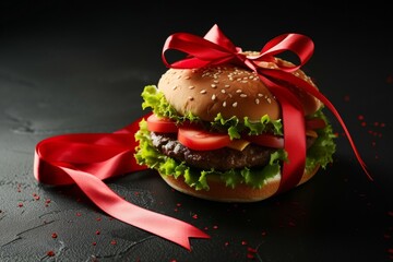 Wall Mural - Surprise your loved ones with a unique gift - a delicious hamburger wrapped with a red ribbon and bow, ready to satisfy their hunger with a classic American meal.