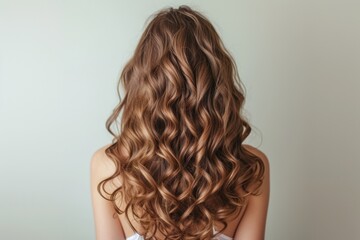 Capture the essence of elegance with this stunning back view of a young woman, showcasing her shiny brown hair full of volume and natural curls, styled to perfection.