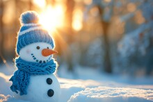 Cute and funny snowman dressed in a cozy blue knitted bobble hat and scarf, standing in a snowy winter forest, ready to spread holiday cheer.