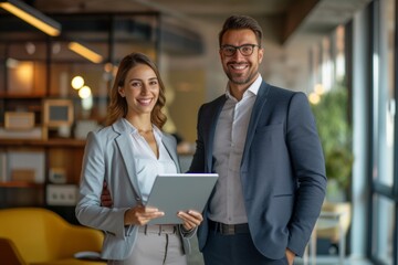 Two professional business people, a man and a woman, are standing in their office holding digital tablets, discussing a project as a diverse team of co-workers.