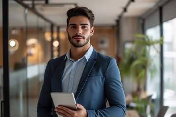 Portrait of a young Latin man holding a tablet, showcasing his professionalism as he stands confidently in his office.