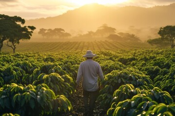 A farmer wearing a hat walks through his coffee plantation at sunrise, breathing in the fresh countryside air and admiring the green landscape of rural Mexico.