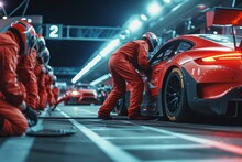 A Professional Pit Crew Waits In Anticipation As Their Formula 1 Race Car Zooms Into The Pit Lane For A Speedy And Efficient Pit Stop, Showcasing Ultimate Teamwork.