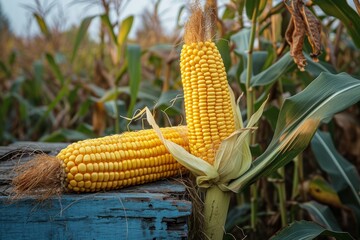 Amidst the autumn breeze, two plump cobs of sweet corn stand tall, their golden kernels bursting with flavor, tempting all with the promise of a delicious outdoor feast