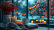 Cozy Winter Evening Indoors, warm and inviting winter scene with a steaming cup, a soft blanket, and a book by a window with festive lights outside