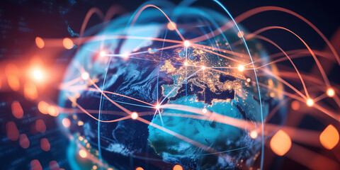 Wall Mural - digital world globe, concept of global network and connectivity on earth, high speed data transfer a