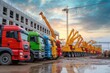 A vibrant lineup of trucks stands against the vast blue sky, ready to conquer the open road with their sturdy wheels and powerful construction equipment, surrounded by fluffy clouds and towering cran