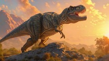 A Majestic Tyrannosaurus Rex Surveys The Savannah From A Rocky Outcrop Its Sharp Teeth Glinting In The Golden Light.