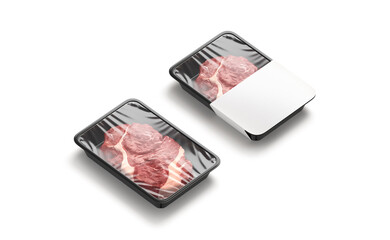 Wall Mural - Blank transparent plastic beef tray with white label mockup, isolated