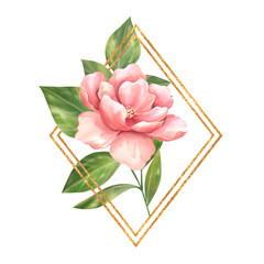 Wall Mural - Gold frame with rose flower for greeting card