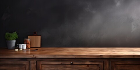 Poster - Wooden kitchen desk with dark napkin and shadowy wall