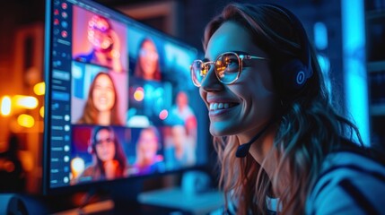 Remote video conference call, close-up on a computer screen showing smiling faces of team members