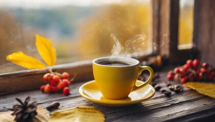 Wall Mural - yellow cup with fragrant coffee by the window on an autumn day