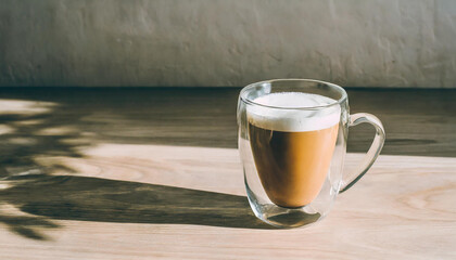 Wall Mural - Cappuccino or latte coffee in a glass cup on gray background