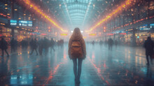 Lone traveler in a bustling train station at dusk Generative AI image