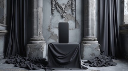 Poster - Elegant black cloth drapery podium for product presentation or display template vector in 3D.