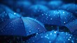 Illustration of abstract low poy wire umbrella cover in rain on dark blue background with water fall drops. Meteorology, safety, autumn season concept.