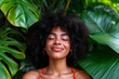 © ADDICTIVE STOCK - Generative AI illustration of black serene woman with eyes closed and a content smile amidst lush green tropical leaves