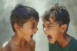 Two young boys, their faces contorted with anger, engage in a heated argument outdoors, their clothing and skin flushed with the intensity of their emotions
