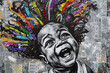 © ADDICTIVE STOCK - Generative AI illustration of vibrant street art collage depicts a joyful black boy with a colorful crown of feathers on his head, all set against a newspaper print background