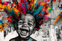 Generative AI Illustration Of Exuberant Black Boy Is Featured In A Striking Collage With A Burst Of Colorful Paint Splashes For Hair Against A Monochrome Newspaper Backdrop