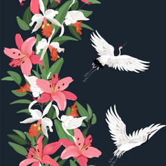  Delicate orchids, lily and cranes on a black background.