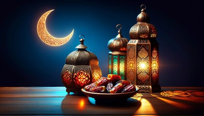 Wall Mural - Ramadan Lantern decoration, dates and mosque silhouette on nighttime background