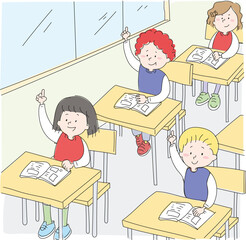 Students raising their hands to answer the teacher's question in the classroom.